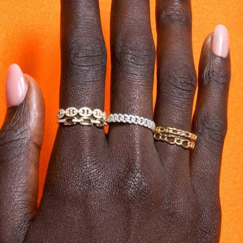 Stacking Cube Chain Link Ring For Women Iced Out Zircon Crystal Matching Gold Color Ring Punk Accessories Trend Jewelry R727 W250606