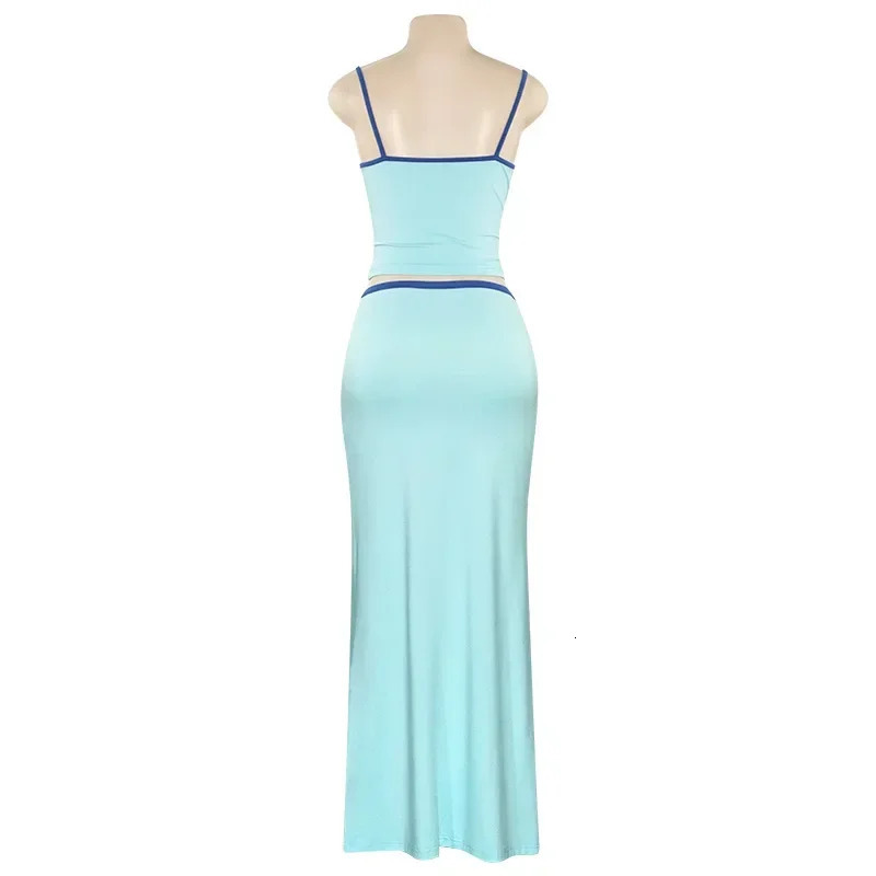 Blue High Waist Skirt Sets for Women Spaghetti Strap Crop Top and Long Skirt Outfits Summer Elegant Casual Holiday Two Piece Set 250605