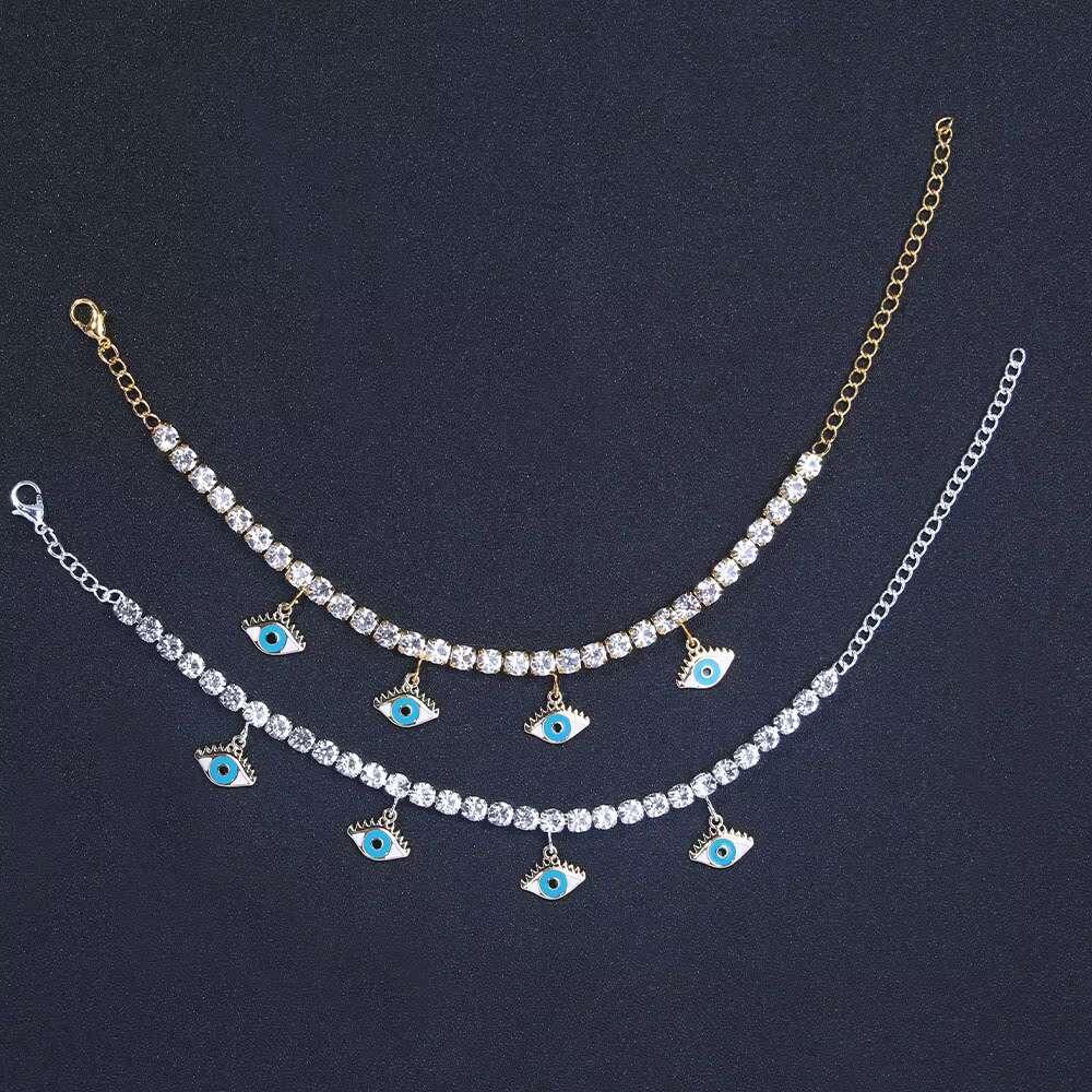 Lady Silver 18k Gold Tennis Bracelet Anklets Crystal Zircon Link Ankle Foot Jewelry for Women Evil Eyes Rhinestone Anklet
