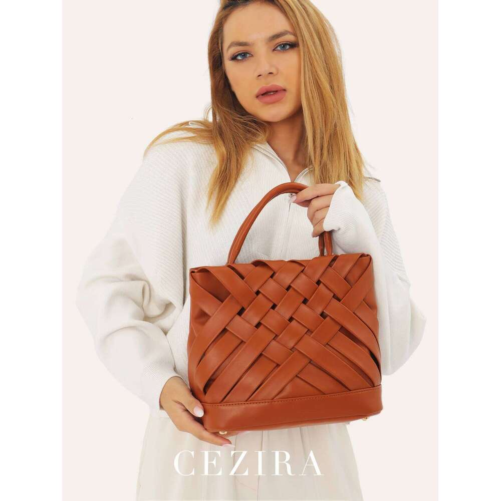 CEZIRA Handmade Woven Handbags For Women Fashion PU Vegan Leather Top-Handle Purse Tote Bucket Cross Body Bags Daily Sac