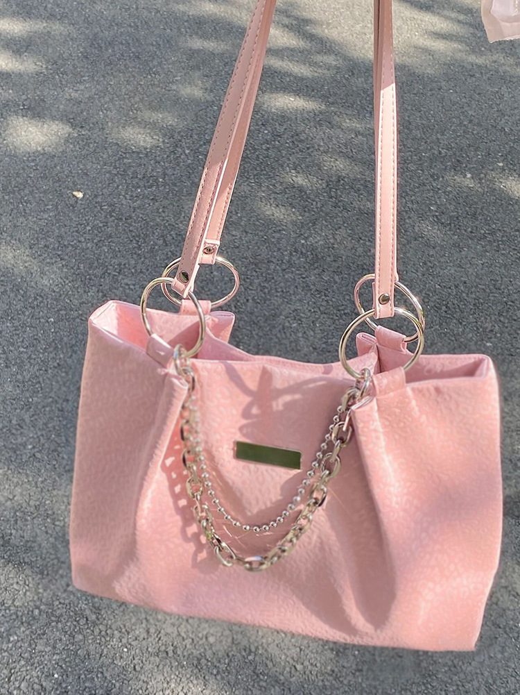 designer 2025 New Fashion Chain Tote Bag for Women, Niche Large Capacity Shoulder Bag, Pink Commuter Handbag for Classes