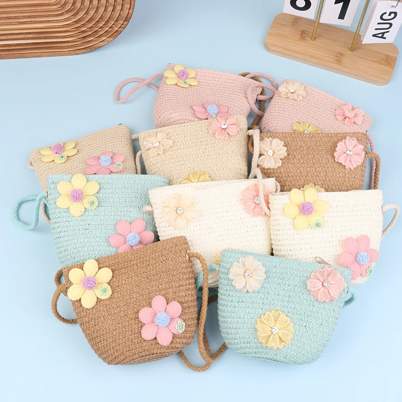 Cute Straw Shoulder Bags Girls Handmade Woven Crossbody Bag Kids Messenger Mini Coin Purse Beach Po Props 250605