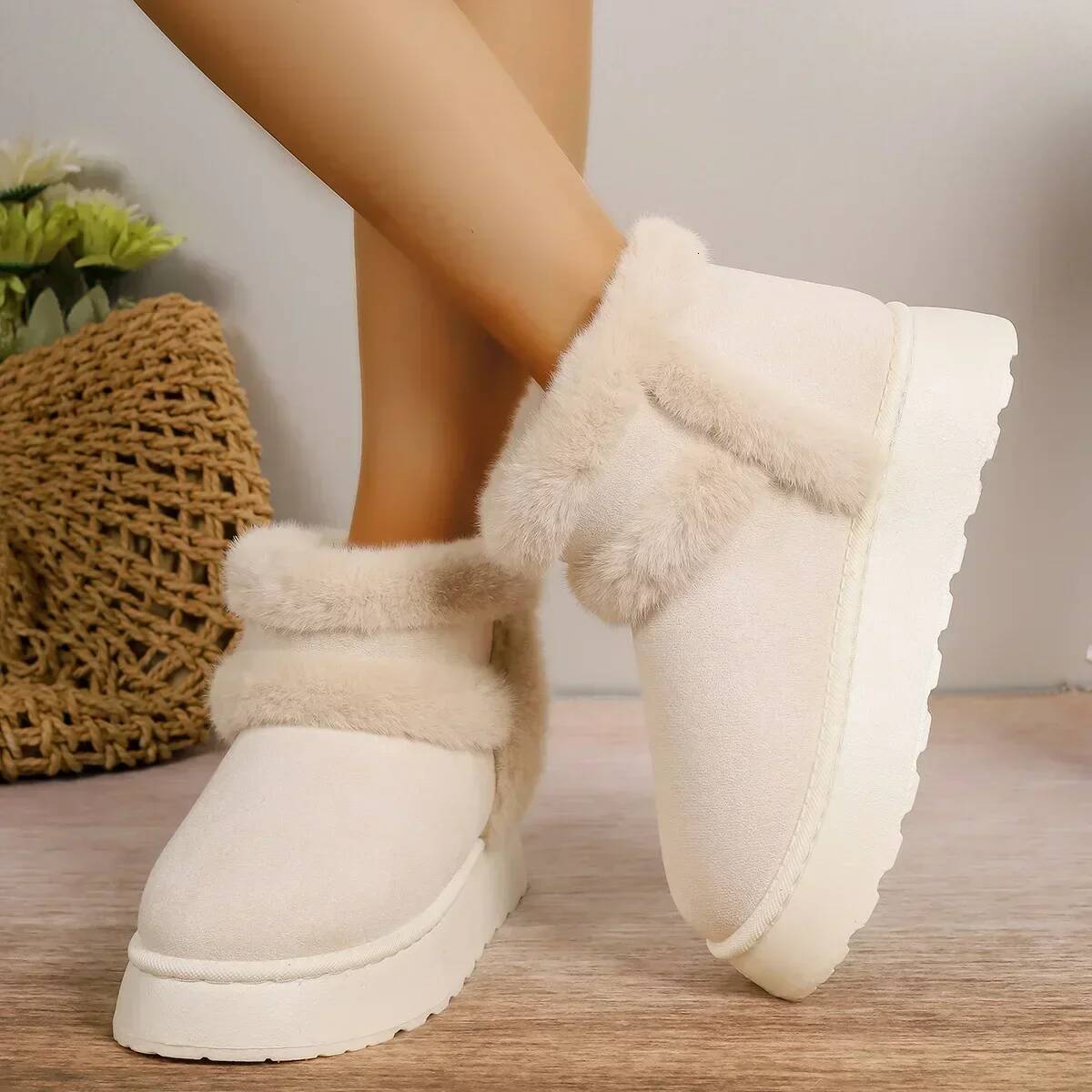 Ddmyoutdoor Women White Plush Boots Flat Bottomed Short Tube Thick Sole Platform Comfort Warm Snow Cotton Shoes Outdoor Shoes