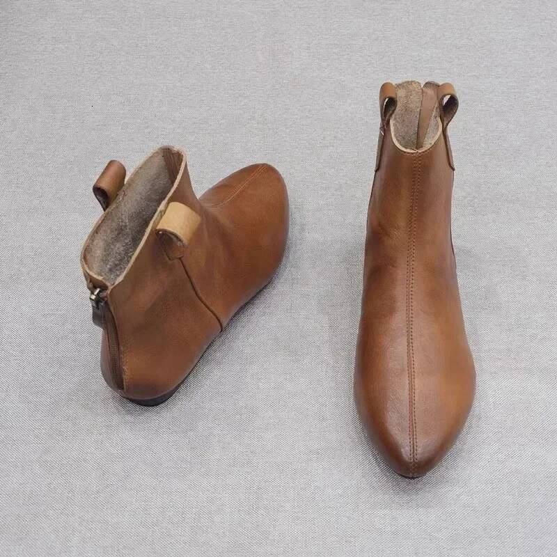 Ddmyoutdoor Women Retro Pointed Boots Short Booties Ladies Soft Pu Leather Ankle Bootins Back Zip Casual Flat Shoes Outdoor Shoes