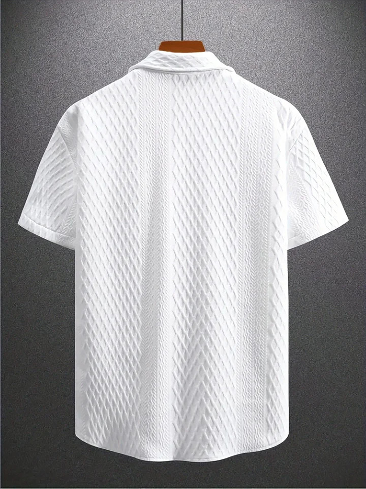 Summer casual short-sleeved mens shirt Casual Street wear jacquard lapel button down solid color mens vintage shirt S-2XL 250605