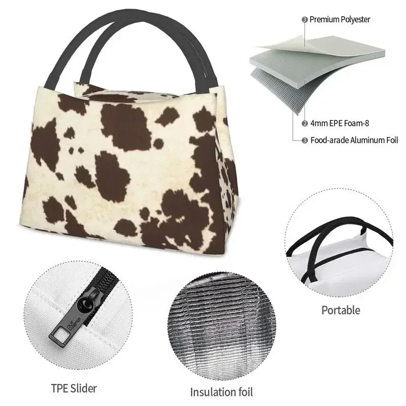Brown and White Cowhide Lunch Bag for Womens Cooler Insulated Lunch Box Used for Camping 250606