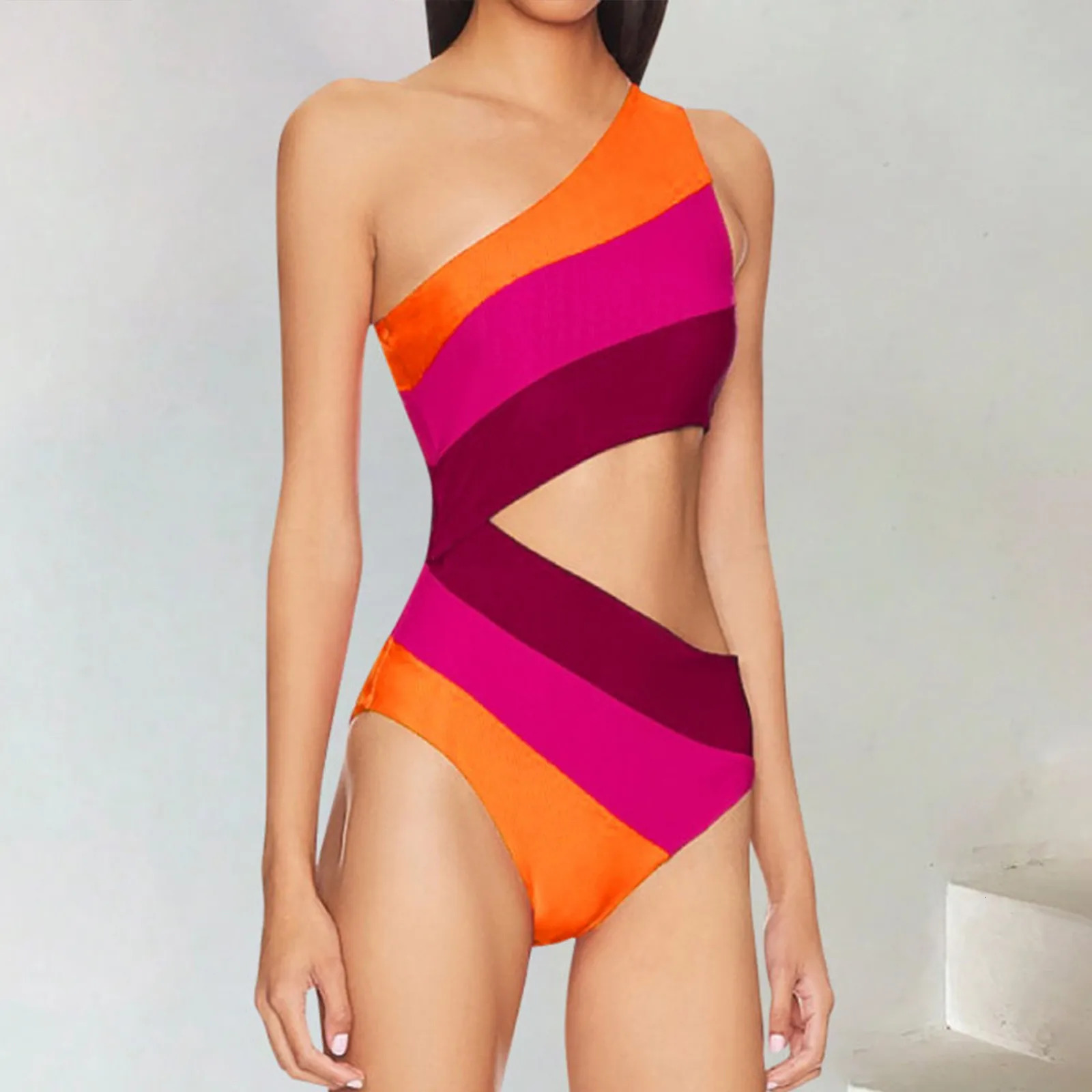 Cutout Color Block Swimwear WomenS Swimsuit One Shoulder Bathing Suit Women 2024 Beach Strappy Bikini 250530