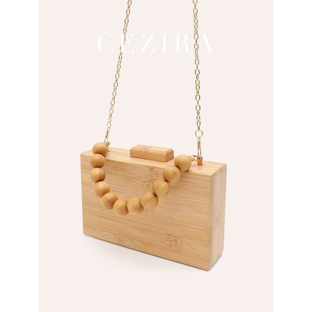 CR Summer Vacation Women's Fashion Elegant Bamboo Clutch Square Handbag Wood Beaded Handle Long Chain Cross Body Evening Purse