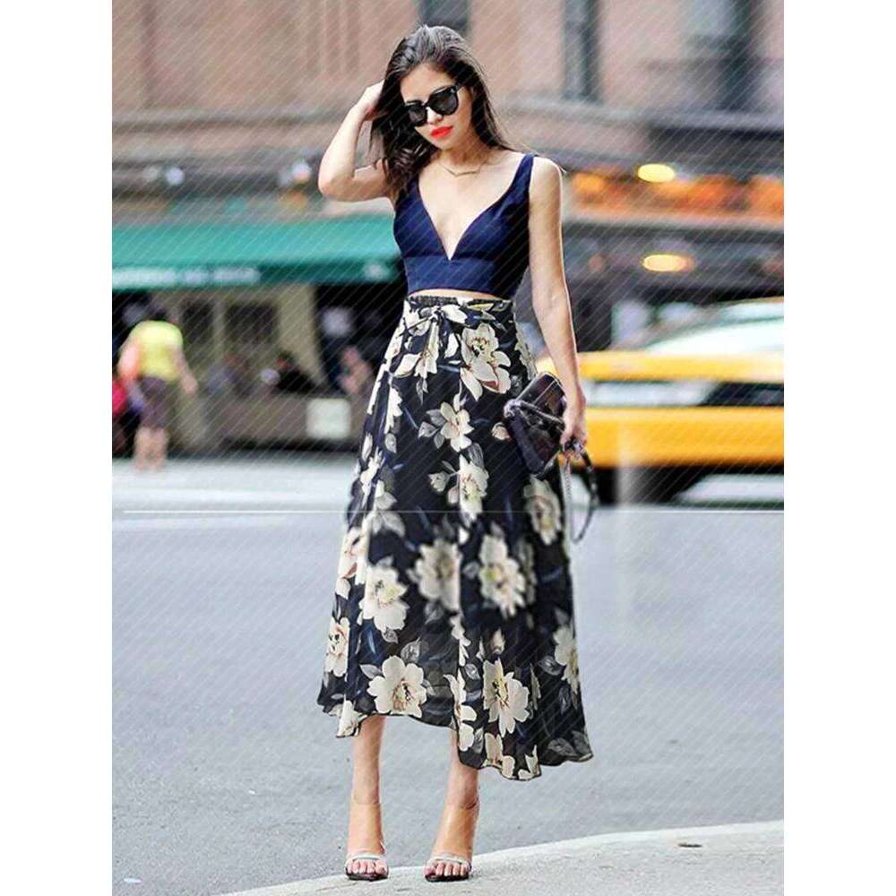 Plus Size Print Floral Skirt Women 2024 Summer Loose Elastic High Waist Chiffon Midi Skirts Lace Up Bow L-5XL Swing Jupe Femme