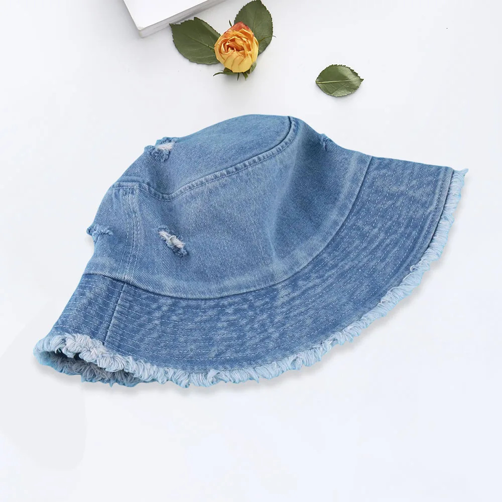 Retro Fashion Washed Fringed Ripped Denim Fisherman Hat For Men and Women Summer Solid Color Sun Hat Versatile For Daily Use 250605