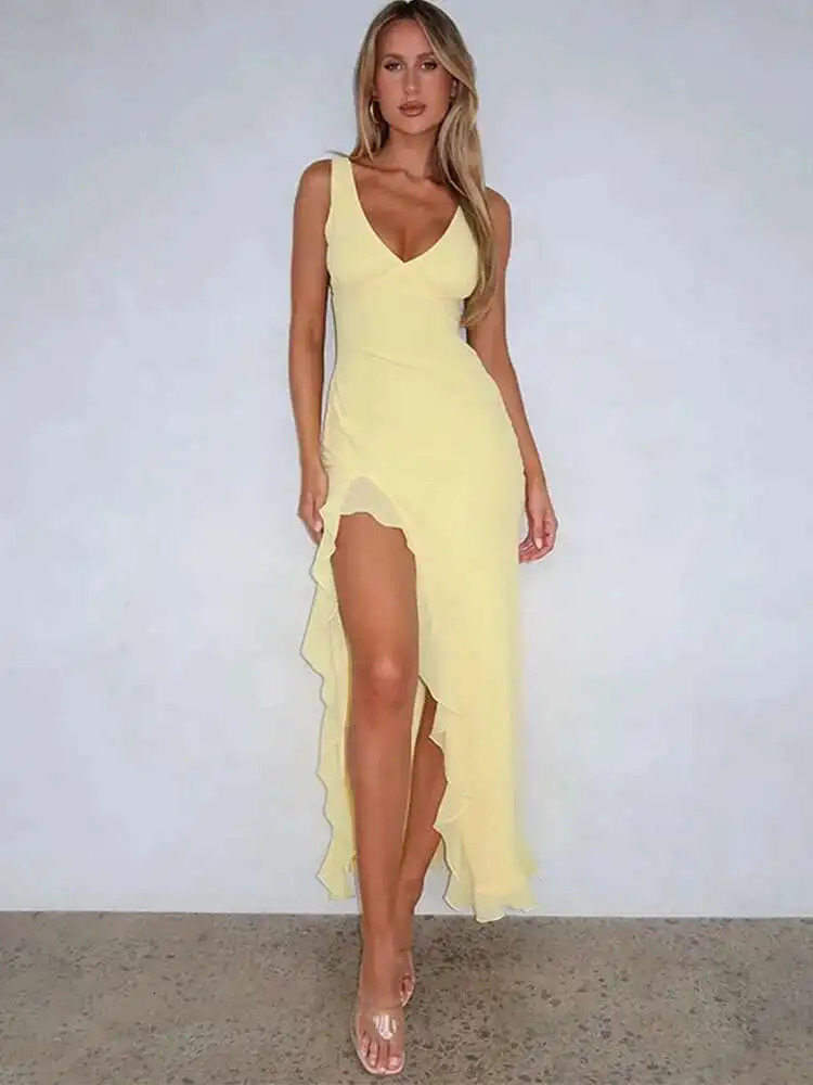 Avrilyaan Ruffle High Split Sexy Dress Women Robes Elegant Evening Summer Dress Backless Party Long Midi Dress Vestidos 250605