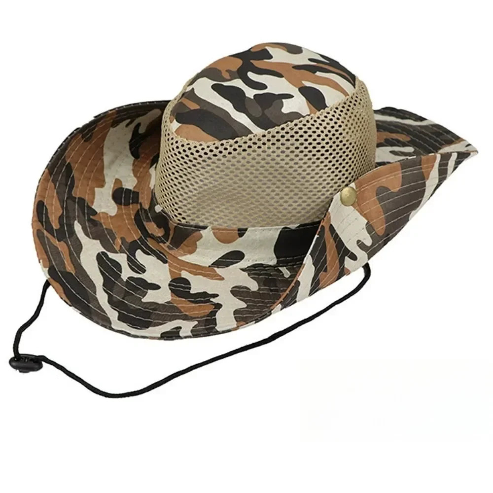 Camouflage Mesh Bucket Hats Wide Brim Beach Hat UV Protection Breathable Hunting Fishing Climbing Hiking Hat Outdoor Men Sun Hat 250605
