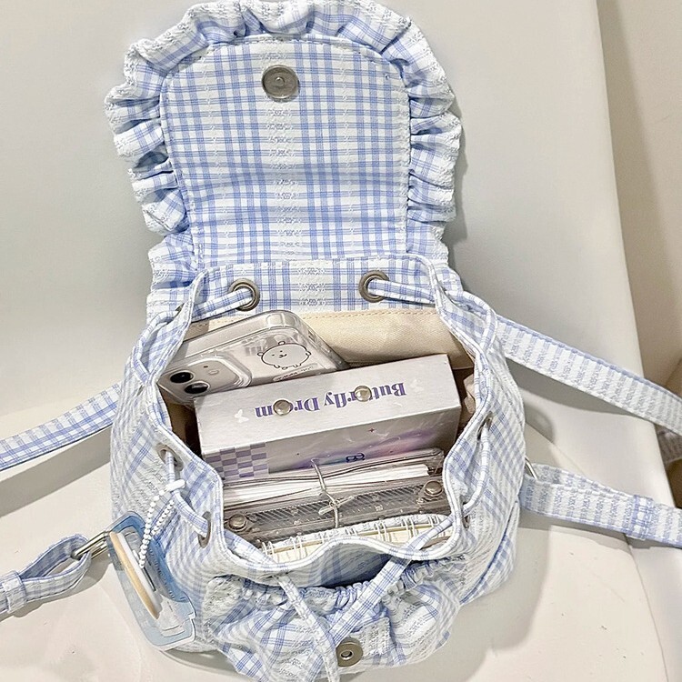 designer Korean Style Blue Lace Plaid Backpack for Women 2025 New Sweet Ruffle Edge Backpack College Style Commuter School Bag