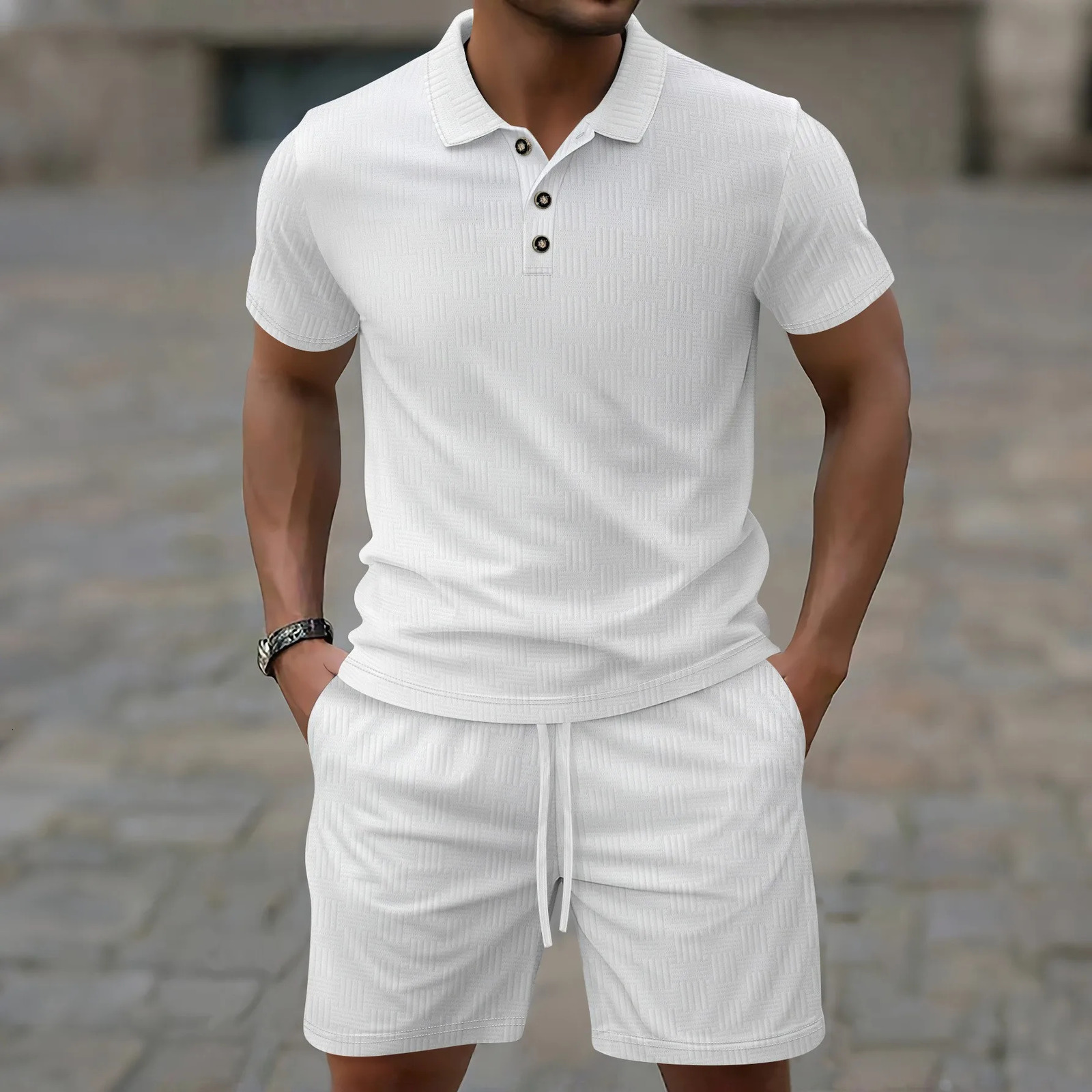 Summer mens suit Solid color threaded corduroy short sleeve lapel top jacquard polo shirt drawstring shorts mens suit 250605