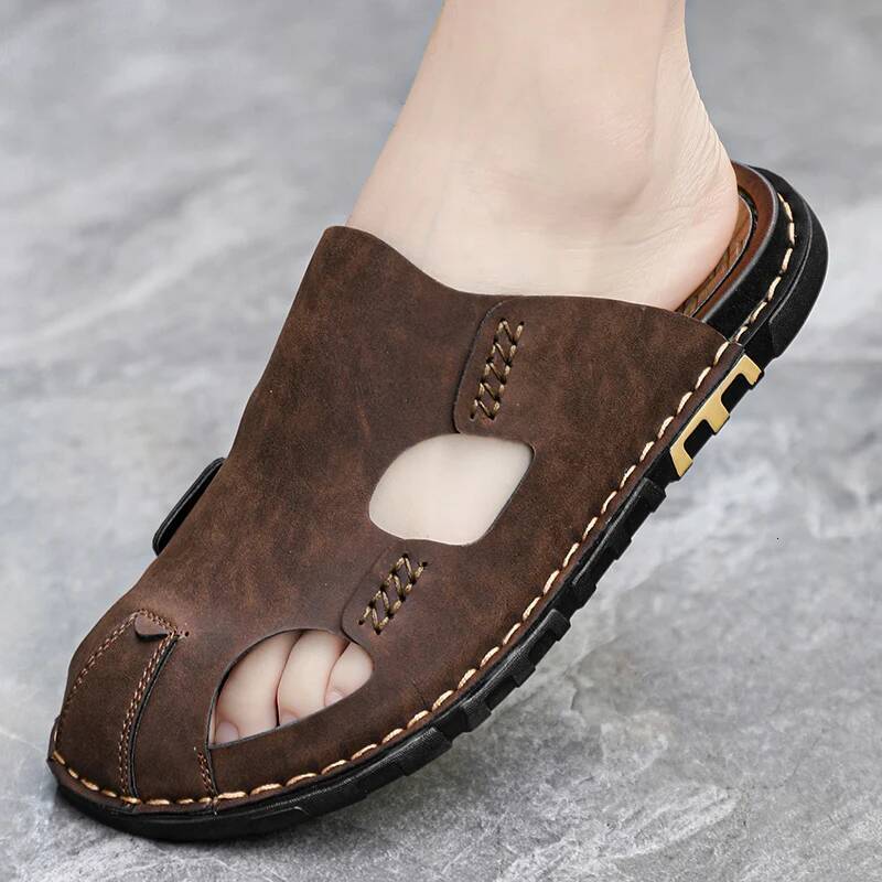 Ddmyoutdoor Mens Slippers Summer PU Shoes Brand Large Size Male Men Sandal Fashion Slipper Leather Flip Flops Beach outdoor shoes