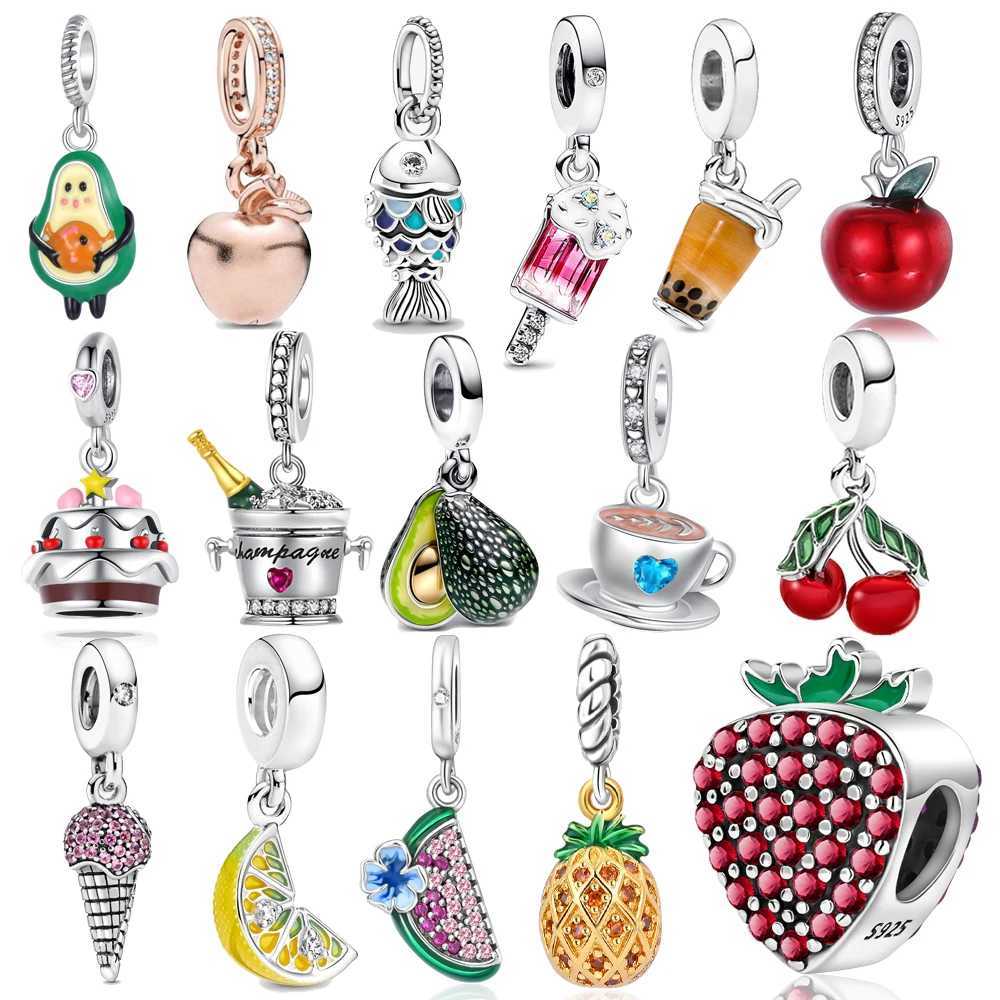 925 Sterling Silver Full Diamond Watermelon Pineapple Lemon Cream Milk Tea Cup Dangle Charm Fit Brand Bracelet DIY Jewelry XJ250607