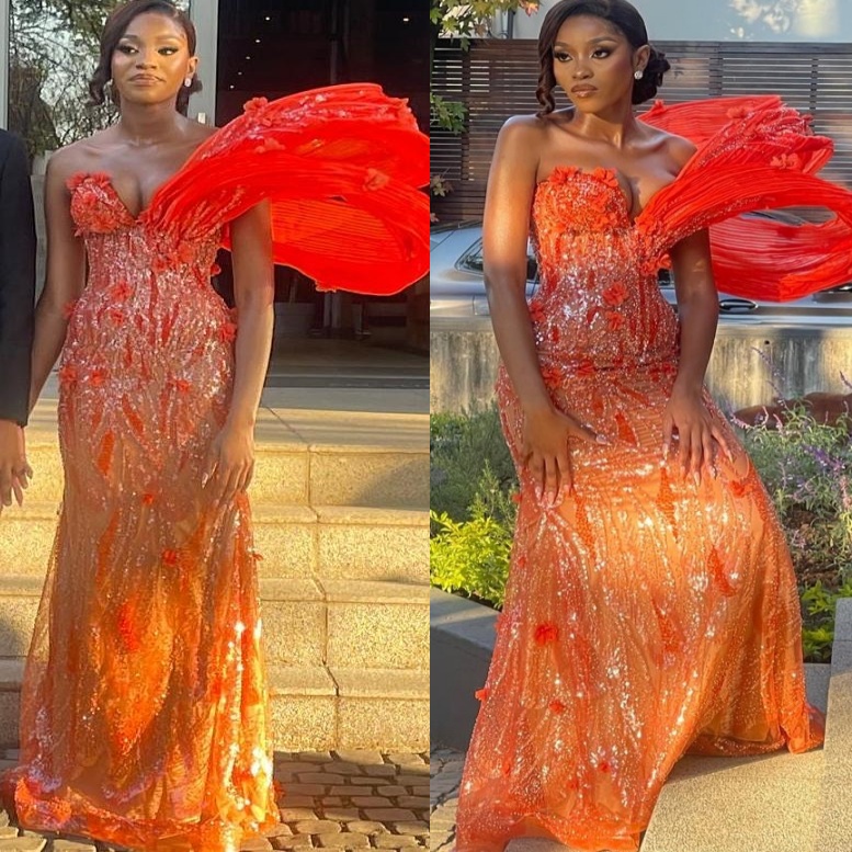 Orange Mermaid Prom Dresses 2025 Flowers Sequined Stylish Evening Formal Party Second Birthday Engagement Gowns Plus Size Dress For Special Occasions