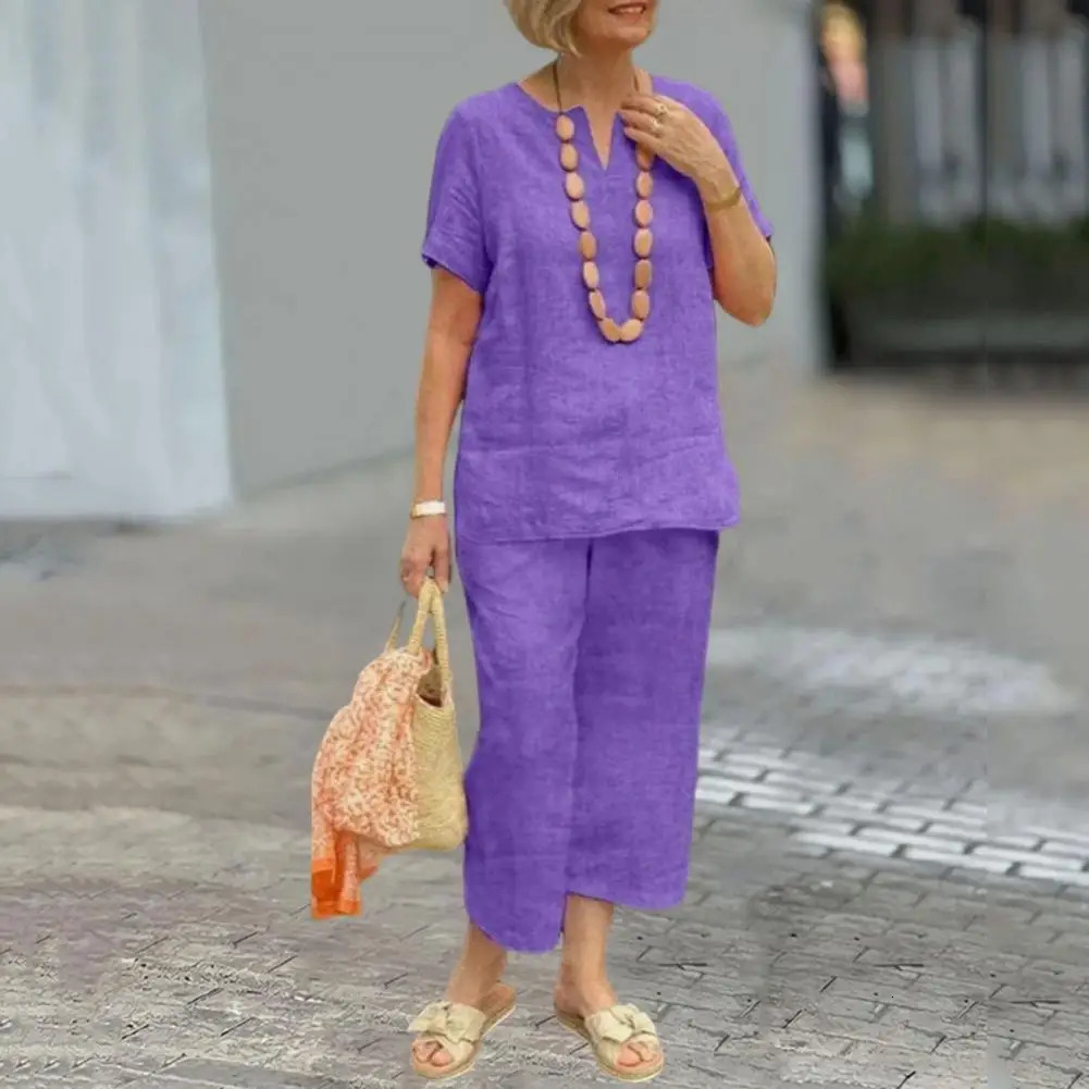 2Pcs Women Blouse Pants Set Solid Color Short Sleeve Loose Top Wide Leg Straight Pants Sets Casual Matching Tracksuit Outfit 250605