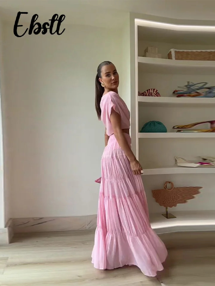 Solid Pleated Crop Top Skirts Suit Womens Elegant Pink Sleeveless Tops Elastic Waist Long Skirt 2025 Summer Ladies Outfit 250605