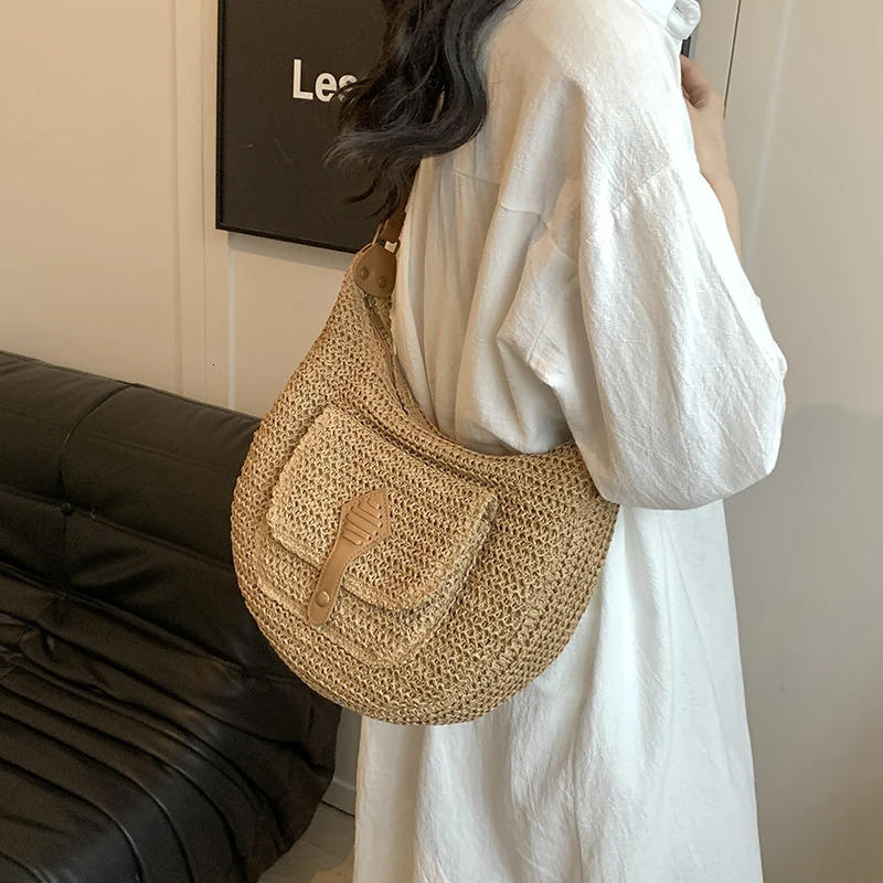 Fashionable Retro Large Capacity Woven Bag Beach Vacation Beachside Straw Single Shoulder Slant Crossbody Bag 250605