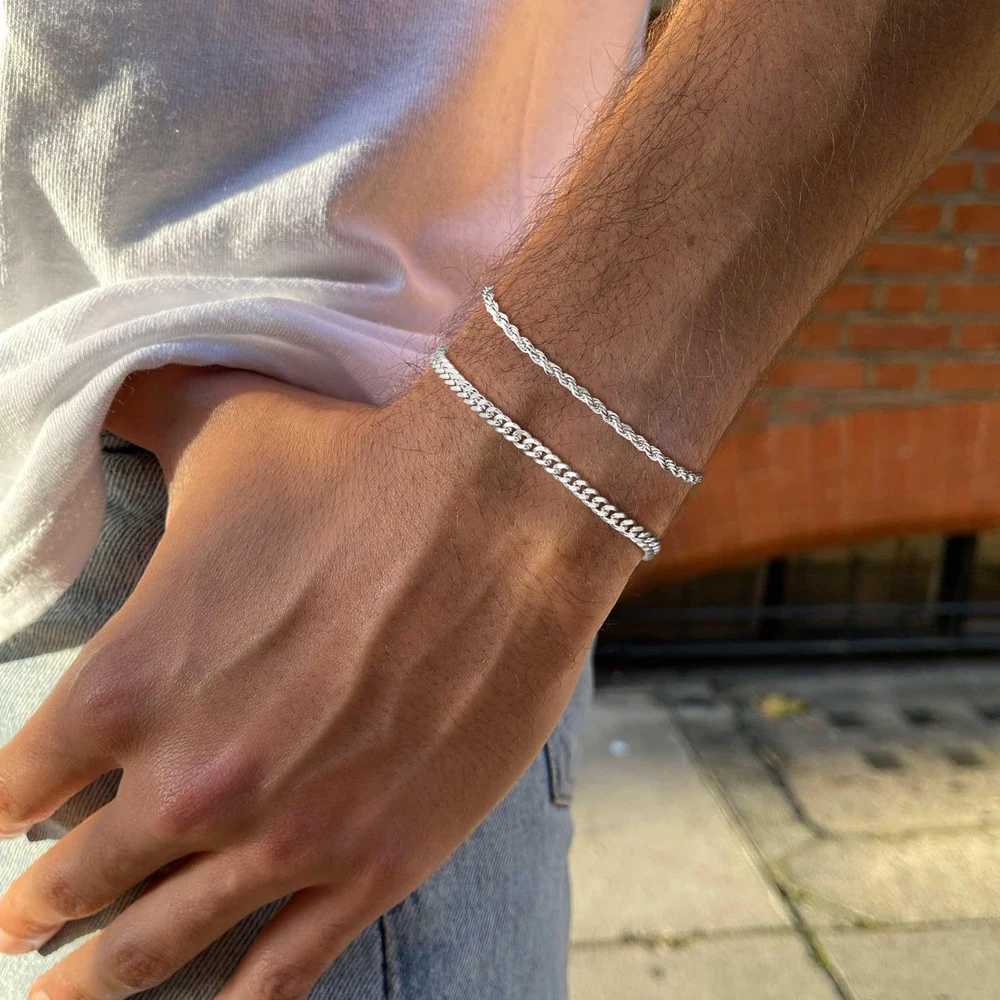 1 or 2 Pcs Chain Bracelet for Men 925 Sterling Silver Stainless Steel Bracelets Rope Cuban Link Bracelet Set for Men Dad Husband W250606
