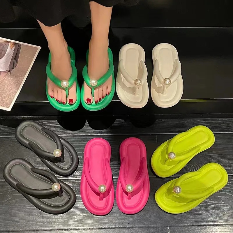 Fashion Pearl Soft Flip Flops for Women Summer Clip Toe Platform Pillow Slides Woman Light Non Slip Beach Slippers Sandals 250603