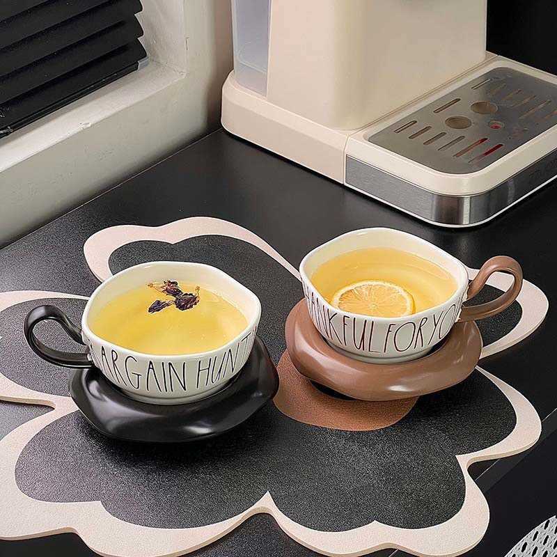 Luxury-simplified ceramic coffee cup with creative design featuring letters. Coffee cup set with comfortable handle for couplesC250421