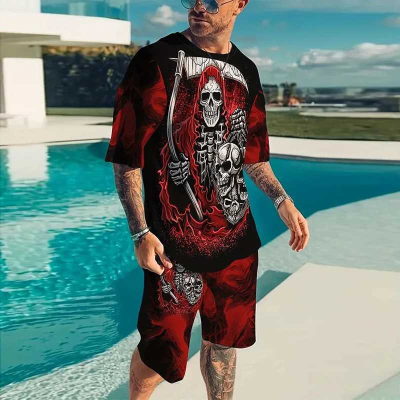 2024 Mens Suit Printed 3D Skull Pattern Oversized Mens Shirt Y2K Style T-Shirt Shorts Summer Leisure Sports Mens Running Suit W250609