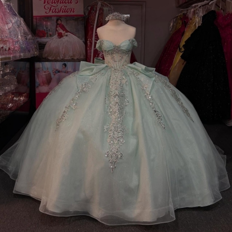 Mint Green Shiny Quinceanera Dresses Ball Gown Off The Shoulder Applique Lace Bow Beads Tull Sweet 16 Dress Vestidos 15 De Anos