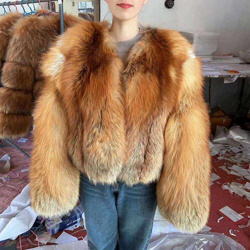 Women's Whole Red Fox Fur Coat European American Style Elegant Tailored Fit Outerwear in Rich Colors Jacket Natural