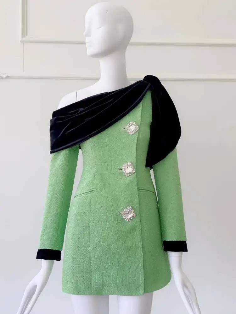 IEQJ Green Diamonds Diagonal Shoulder Tweed Dress Women Block Color Long Sleeve Single Breasted Dresses Female 3WM2566 250603