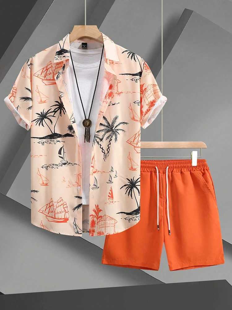 Fashion Flower Plant Print Mens Shirt Short Sleeve Shorts 2 Piece Summer Beach Casual Loose Shorts Tops Hawaiian Style Men Sets W250609