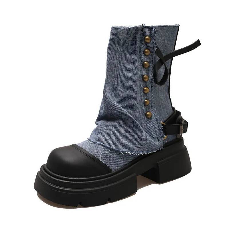 Ddmyoutdoor Women British Fashion Pants Leg New Thick Soled Rivet Zipper Belt Buckle Platform Anti Slip Cowboy Short Boots Outdoor Shoes