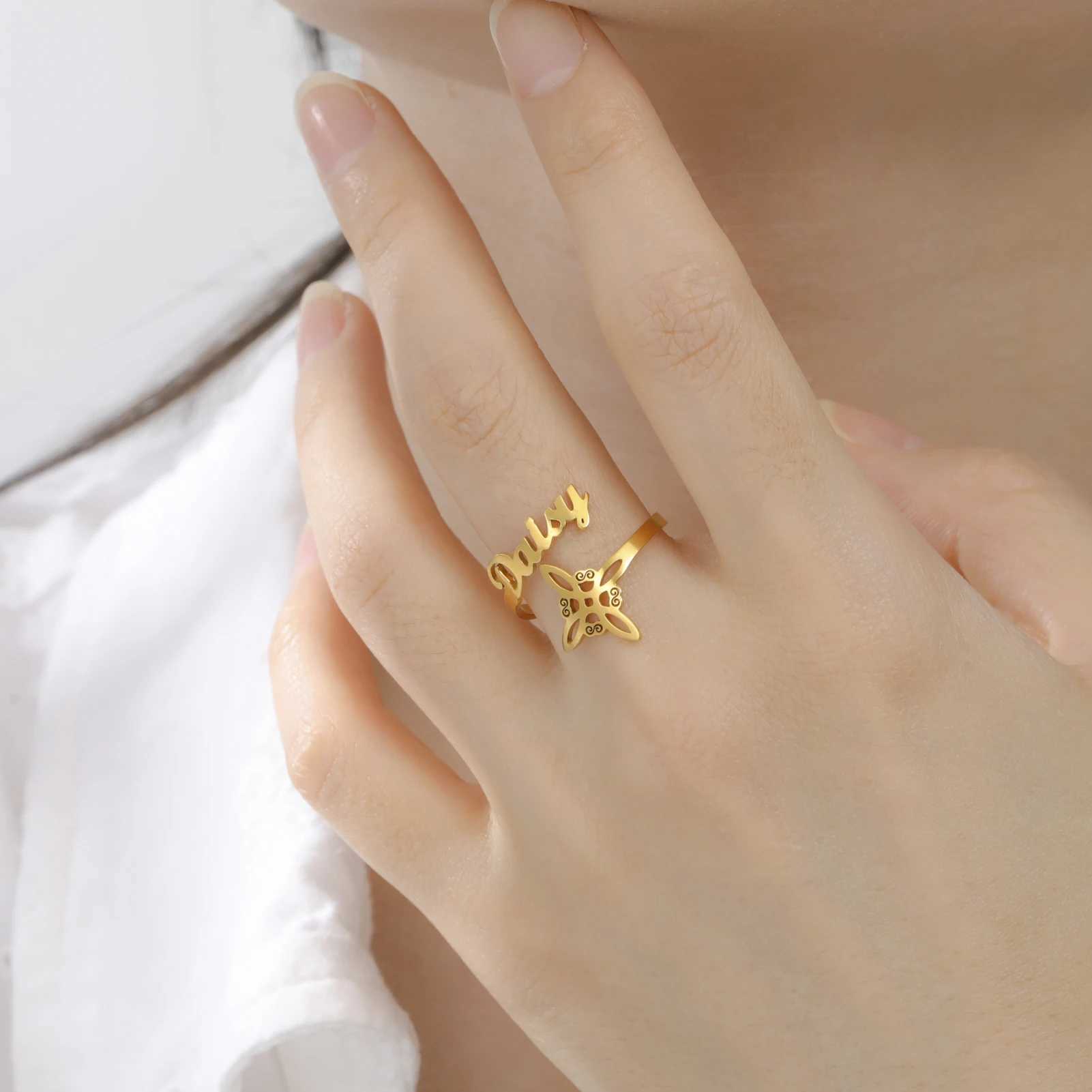 COOLTIME Custom Name Witch Knot Ring Stainless Steel Personalized Custom Couple Ring Amulet Jewelry for Mysterious Love Oath W250606