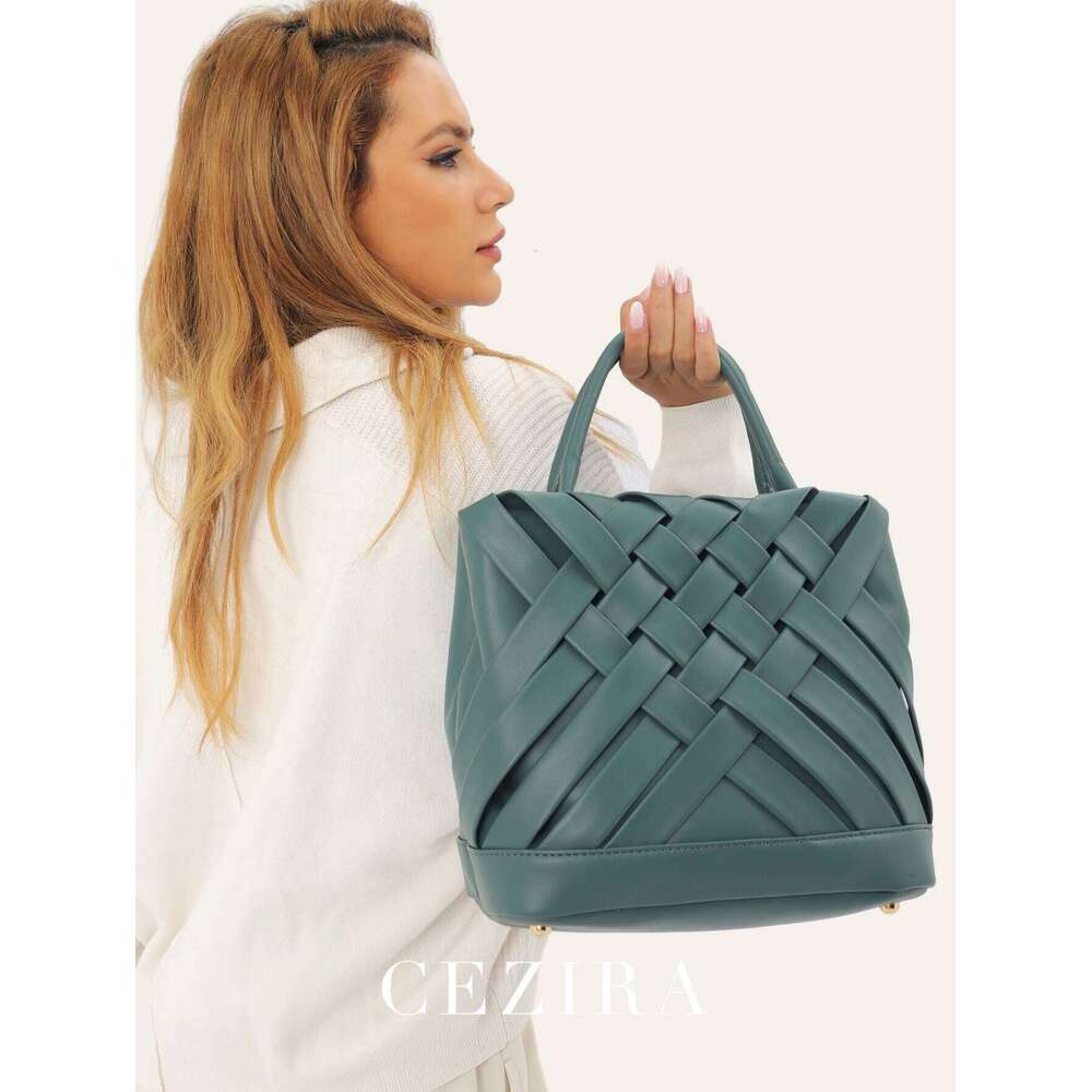 CEZIRA Handmade Woven Handbags For Women Fashion PU Vegan Leather Top-Handle Purse Tote Bucket Cross Body Bags Daily Sac