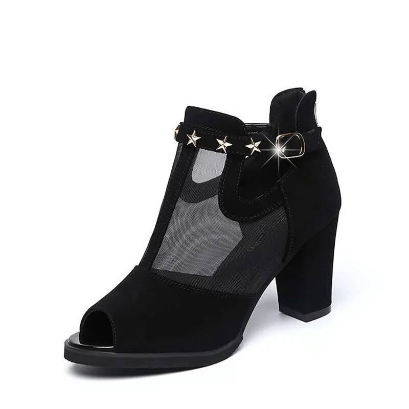 Ddmyoutdoor Breathable Mesh High Heels New Summer Women Fashion Metal Decoration Square Heel Sandals Zipper Female Shoes Outdoor