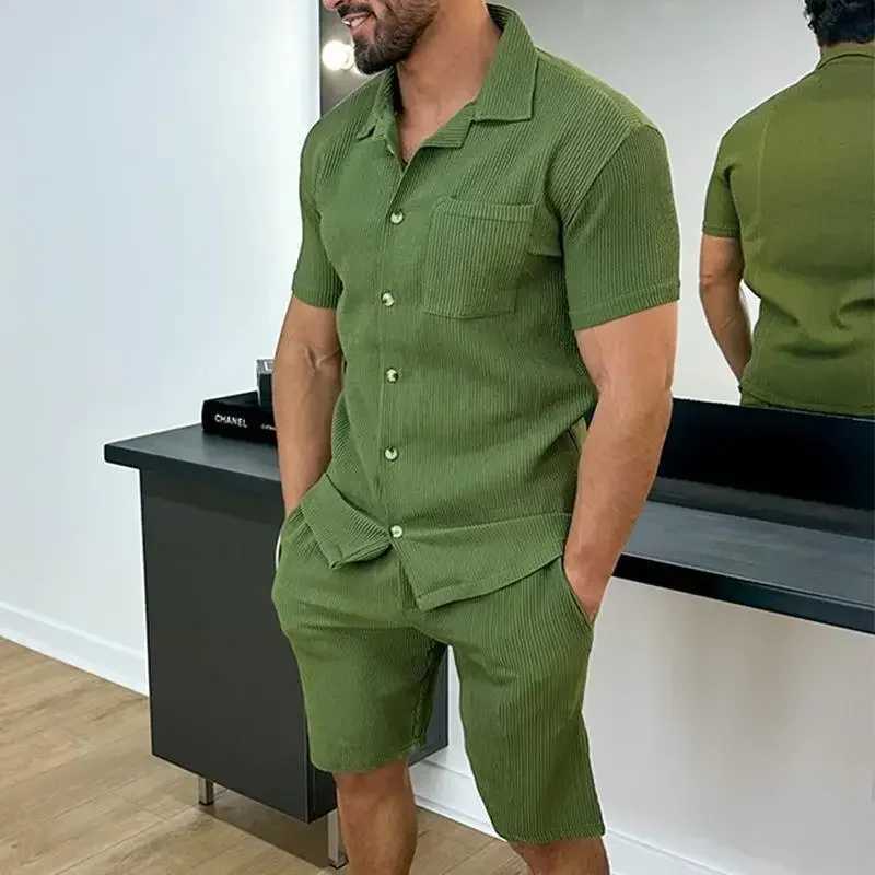 2024 Summer Turn-down Collar Casual Loose Mens Sets Solid Soft Single Breasted Button Shirts Shorts Suit Mens Two-piece Suits W250609