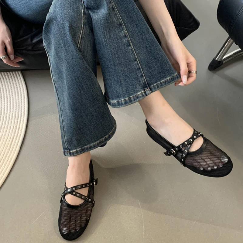 Designer sandals Womens Mesh Ballet Flat Heels Shoes Fashion Hollow Out Ladies Sandale Comfort Breather Dress Ballerina Sandal Simple Outdoor Fishnet 