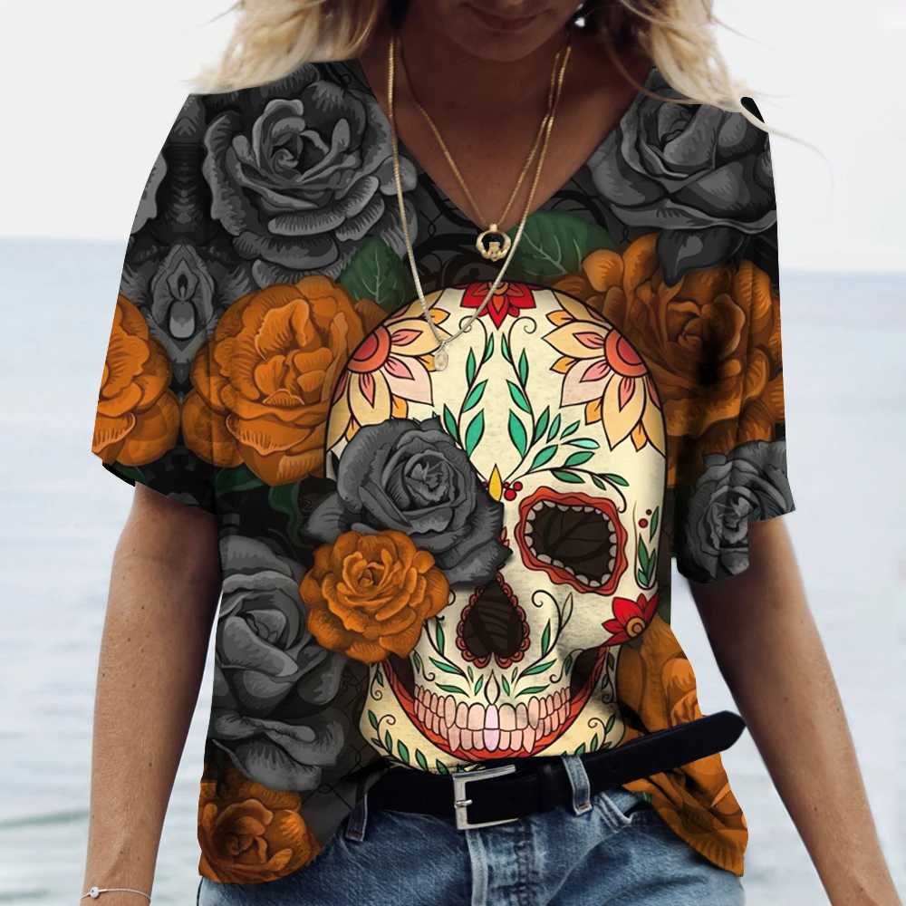 Skulls T-shirt Womens Shirt Fashion Short Sleeve New Casual Top Tee Ladies Girl Clothing V Neck T Shirt For Women W250607