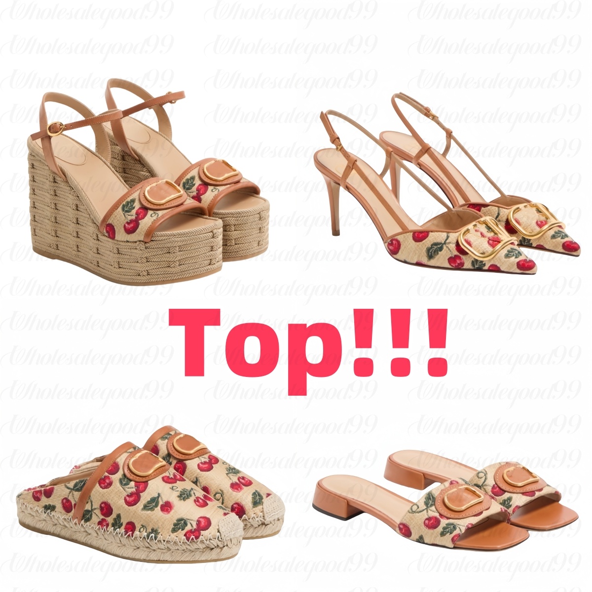 Womens Ballet Flat Designer Platform Sandale slingback cherry jacquard Mules Sliders High heel Sandal leather Pumps slipper Luxury slide Summer Beach wedge shoe