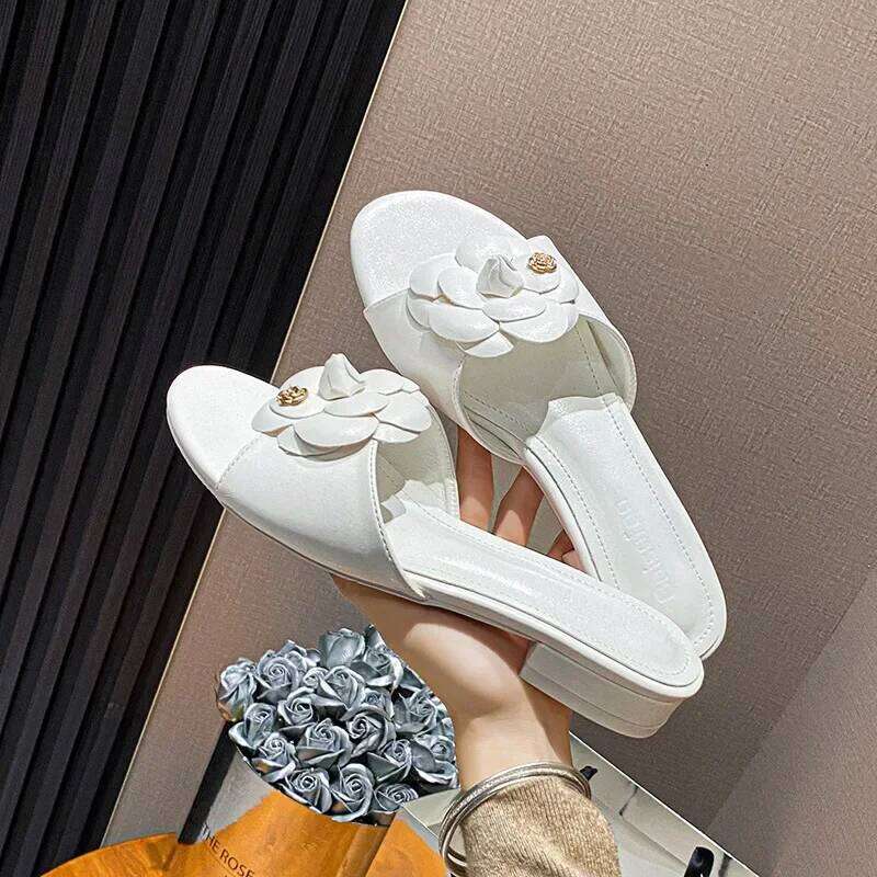 High End Flower Slippers Women Camellia Shoes Open Toe Slides Femme Outside&Home Pantuflas Sandals Ladies Flip Flops