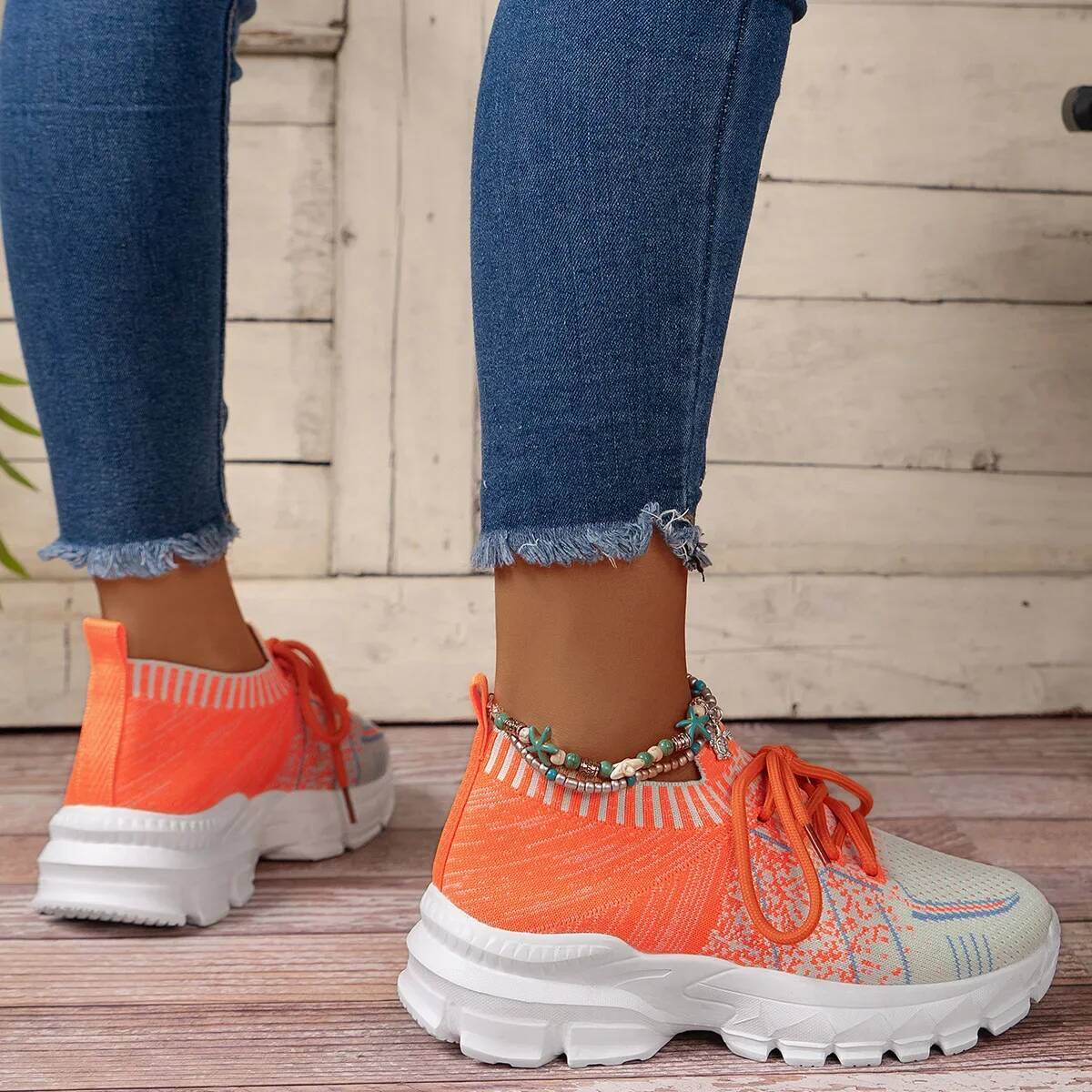 ddmyoutdoor Sneakers Women Mesh Elastic Fly Knit Thick Soft Sole Shoes Ladies Casual Breathable Lace Up Sports Zapatos De Mujer Summer Outdoor Outdoor