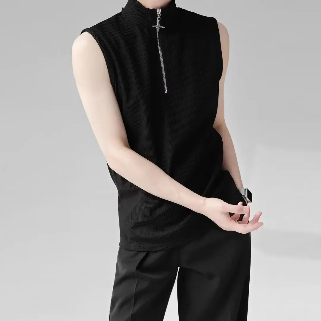 Mens Solid Color Sleeveless Tshirt Summer Korean Style Trendy Sport Casual Creased Vest Shoulder Clothing 250527