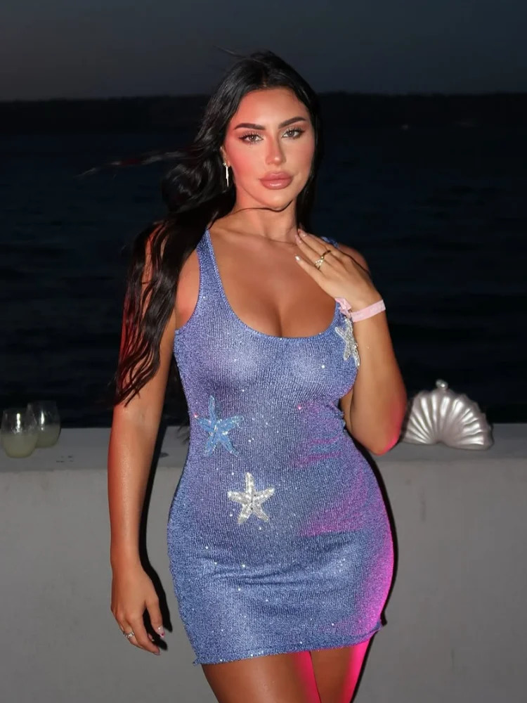 2025 Fashion Purple Printed Starfish Backless Shiny Mini Dress Womens Chic Slim Fit U-neck Sling Short Dresses Lady Party Gowns 250605