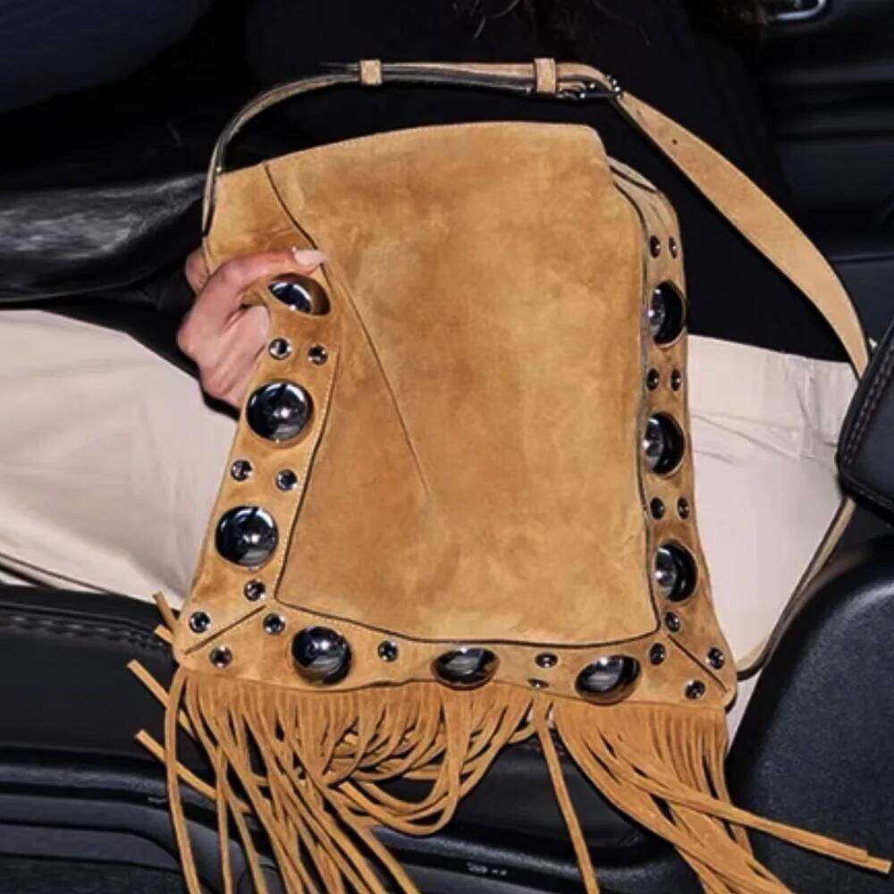 New Women's Handbag Boho Style Niche Design Rivet Shoulder Diagonal Span High-Quality Imitation Deer Skin Mobile Bag
