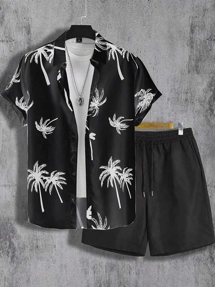 Coconut Tree Print Mens Short Sleeve Shirt And Beach Shorts Set Summer Everyday Mens Casual Shirt Hawaiian Style Mens Shorts W250609