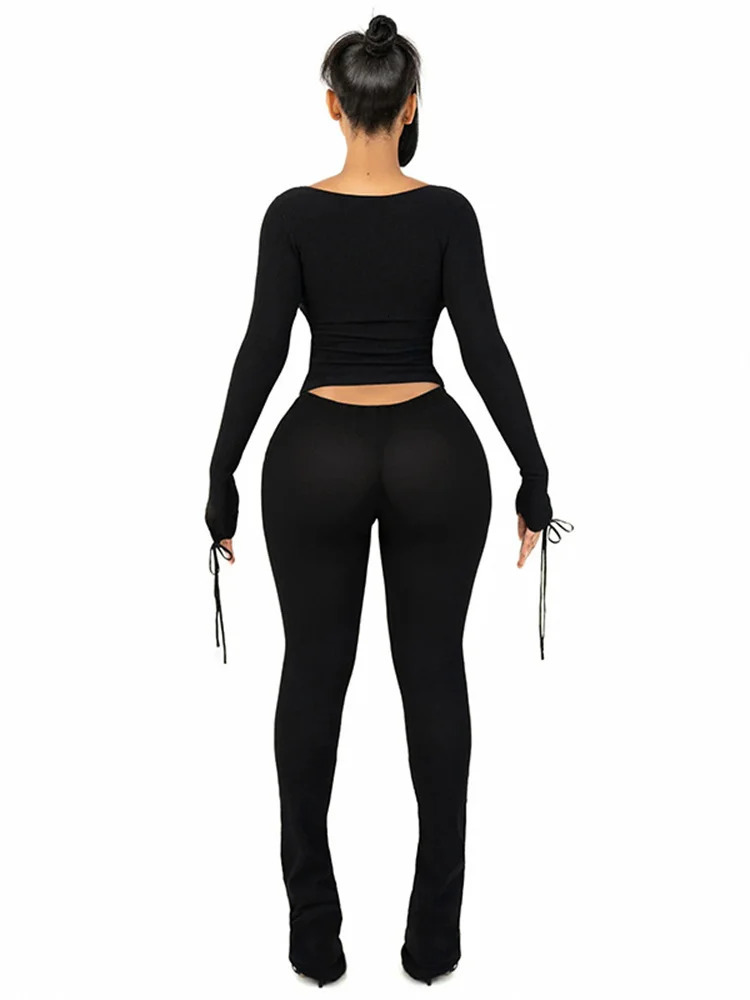 Weird Puss Bow Lace-Up 2 Piece Set Women Square Collar Hollow Full Sleeve Crop Tops Skinny Pants Matching tie Hipster Suits 250605