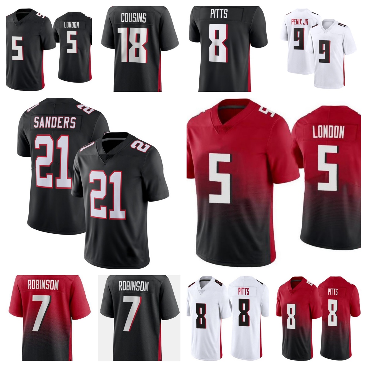 Men's Jerseys 8 Kyle Pitts 7 Bijan Robinson 5 Drake London 18 Kirk Cousins 9 Michael Penix Jr. 21 Deion Sanders 55 Kaden Elliss 3 Jessie Bates III Limited Jersey