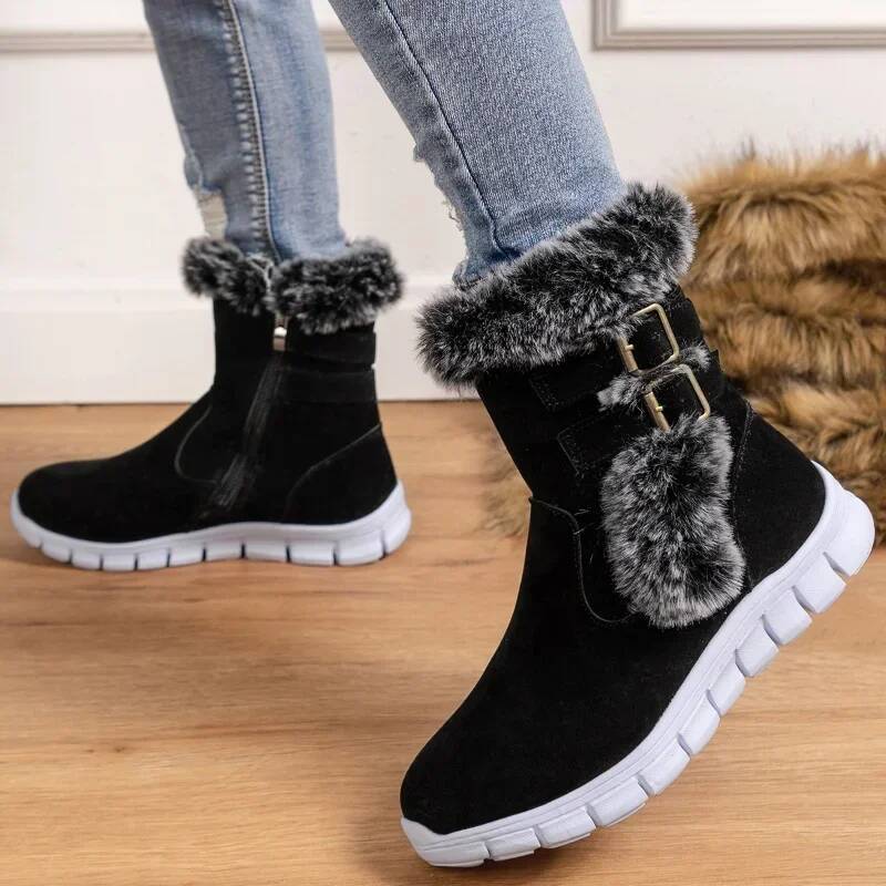 Ddmyoutdoor Women Flats Ankle Snow Boot Winter Warm Fur Shoes New Fashion Design Short Plush Boots Suede Soft Sole Goth Botas Outdoor Shoes
