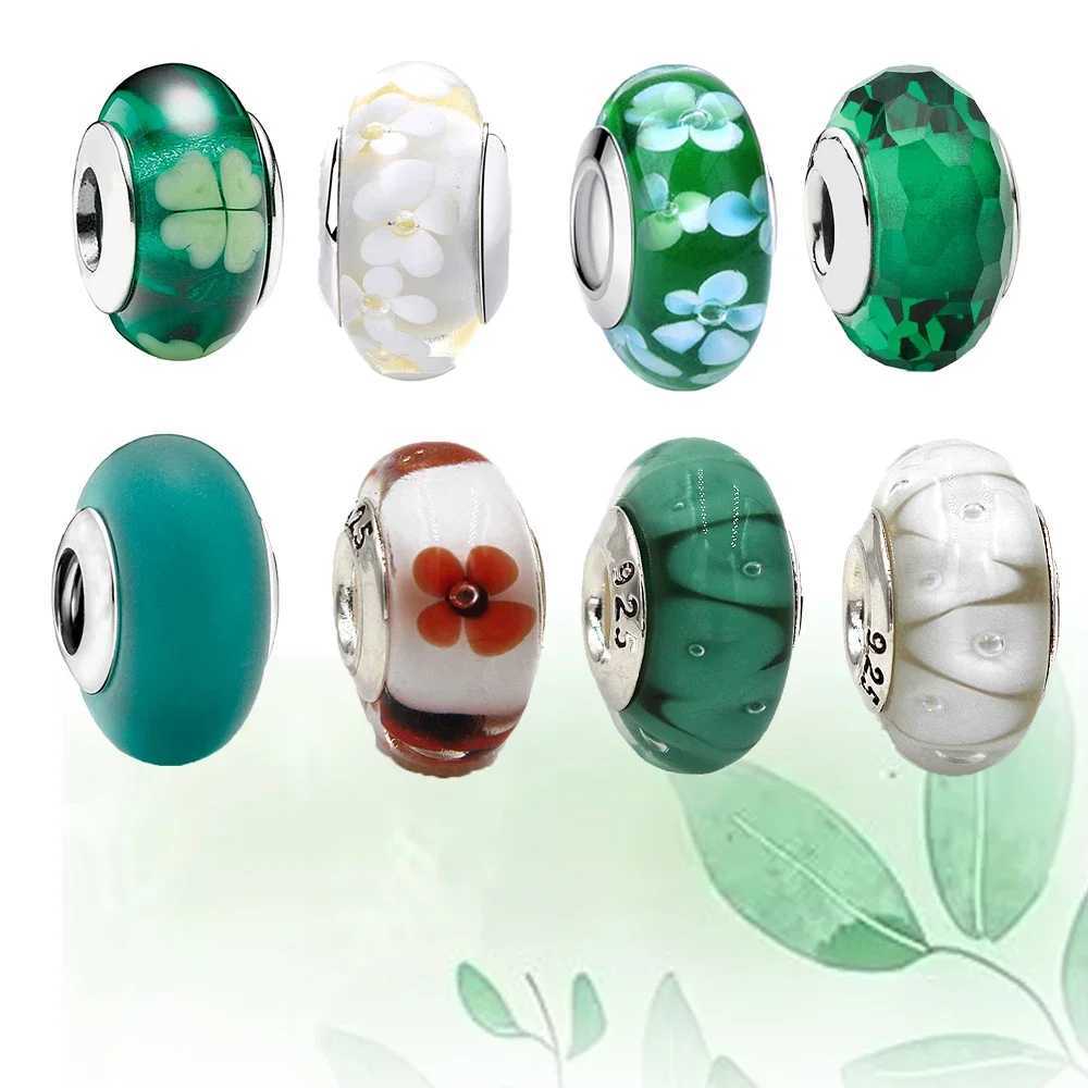 Sterling Silver 925 Green Collection Flower Murano Glass Charm Fit Bracelet Women DIY Jewelry XJ250607